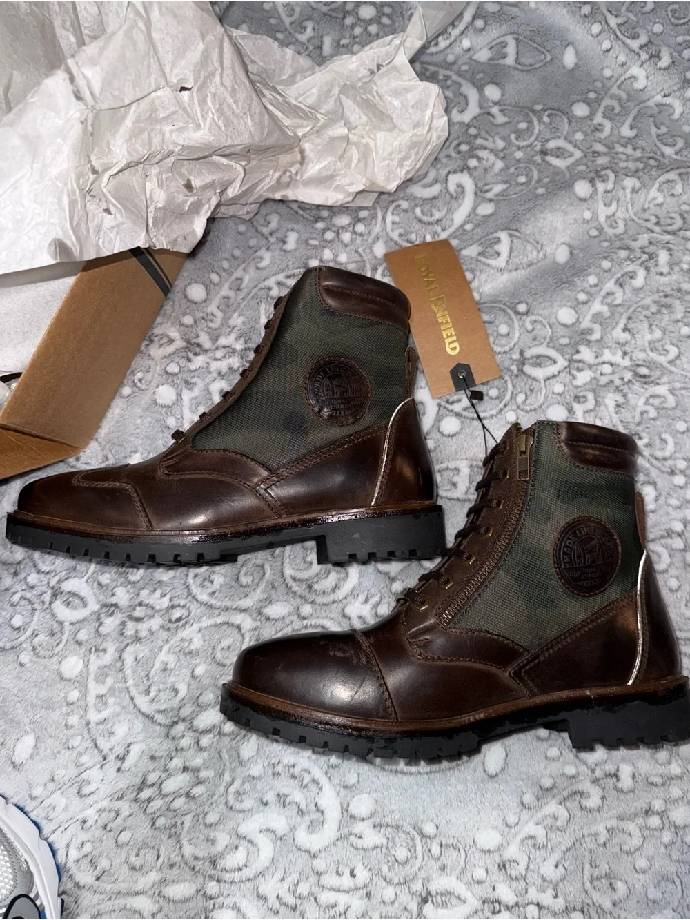 Royal Enfield Stellar Brown Camo Motorcycle Riding Boots in Men’s US 9